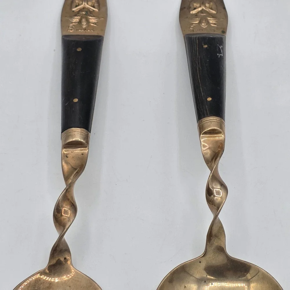 Vintage Thai Buddha Figurine Twisted Handle Serving Spoon Fork Set‎ Brass Black